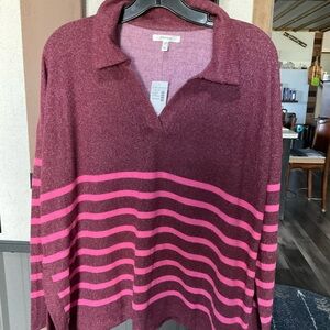 Maurices Burgundy Sweater with Pink Stripes V-Neck Polo